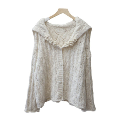 Hollow-out Three-dimensional Flower Collar Knit Cardigan Version Loose Soft Sweater Jacket for Women