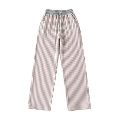 Derong lazy style contrasting striped high waisted wide leg pants