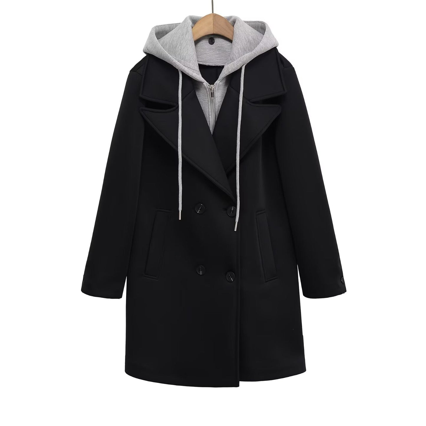 Loose double breasted detachable hooded coat for women